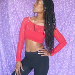 My Intimo crop cropped net long sleeve blouse in red in one size fits all